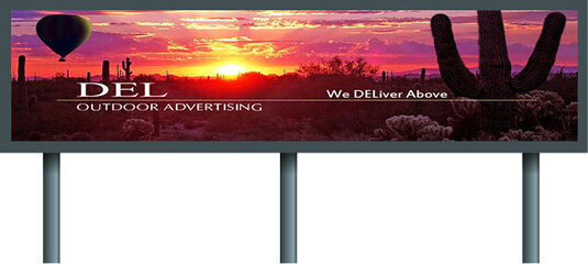 Junior billboard on three posts showing the Del Outdoor Advertising desert sunset design